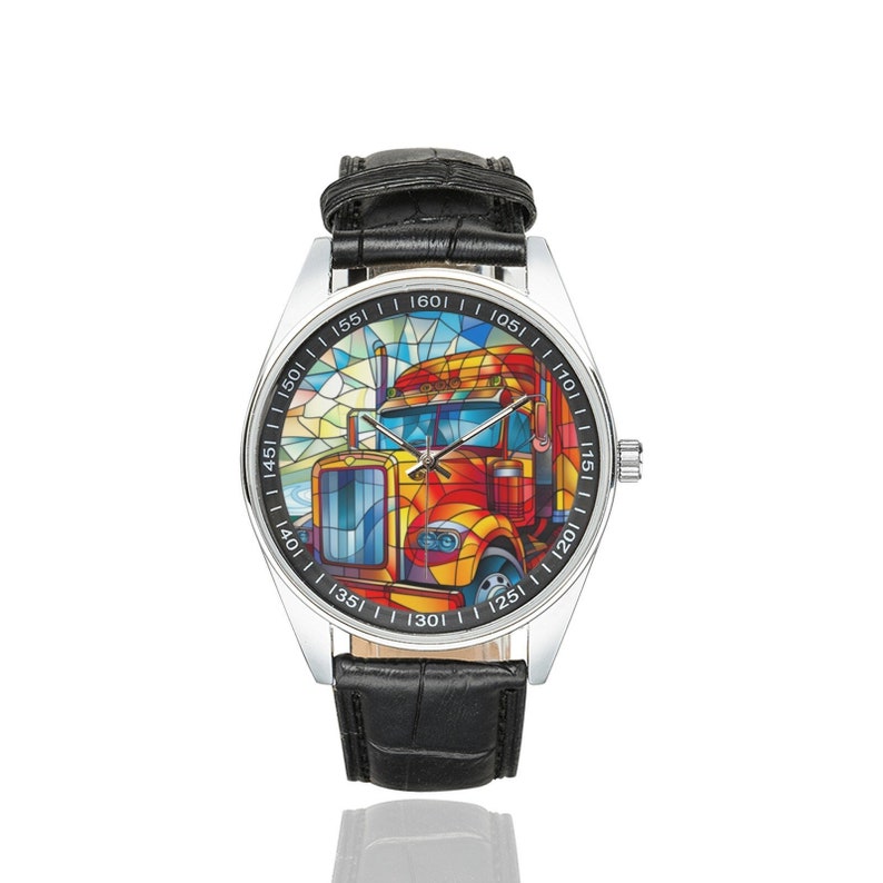 Stained Glass Truck Watch: Black Leather Band, Gift for Trucker image 1