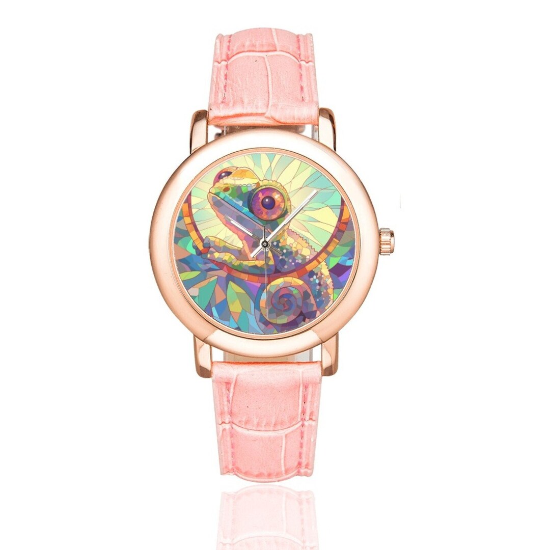 Cute Chameleon Watch With Rose Gold Plated Bezel and Pink Leather Band ...