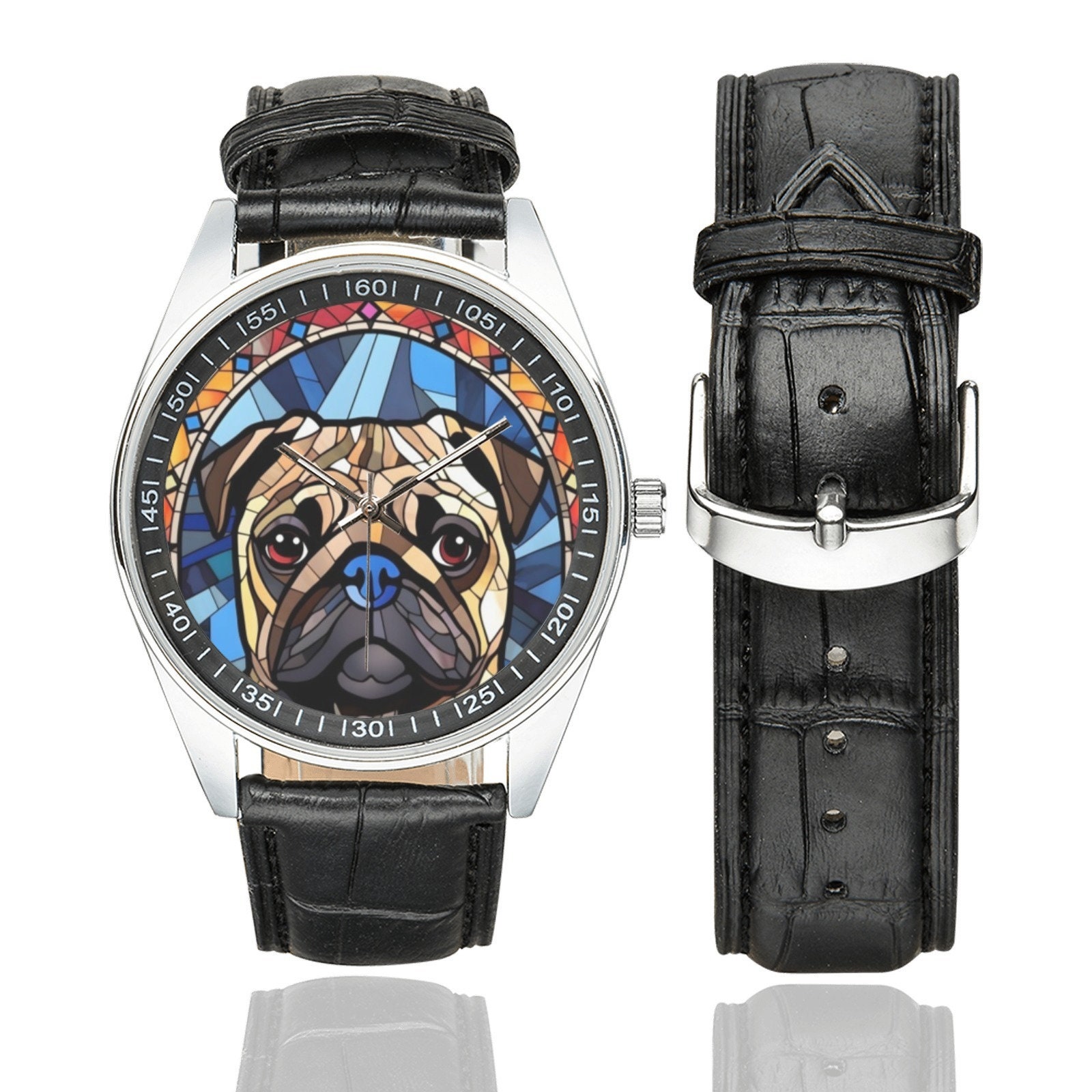 Stained Glass Pug Watch: Black Leather Band, Stainless Steel  display picture 1