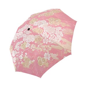 Japanischer Chiyogami-Stil faltbarer Regenschirm im rosa blumenförmigen Origami-Papiermuster - Automatisches Öffnen und Schließen - Beide Seiten bedruckt