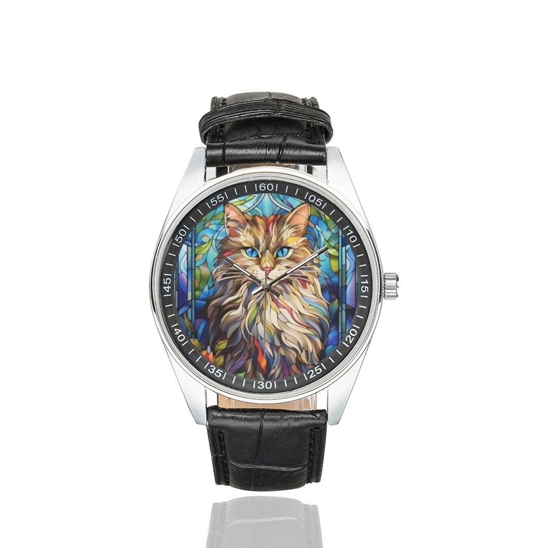 Montre chat sibérien en vitrail bracelet en cuir noir, modèle unisexe
