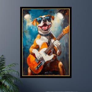 May include: A painting of a dog wearing sunglasses and playing an electric guitar. The dog is brown and white with a black collar. The guitar is orange and white with a black pickguard. The background is a blue and green abstract painting.