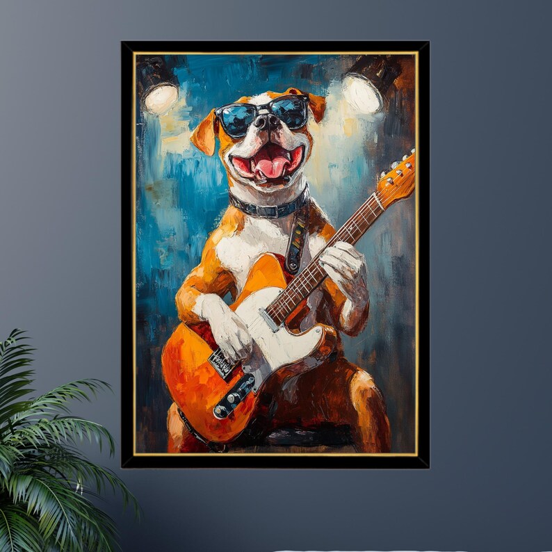 May include: A painting of a dog wearing sunglasses and playing an electric guitar. The dog is brown and white with a black collar. The guitar is orange and white with a black pickguard. The background is a blue and green abstract painting.
