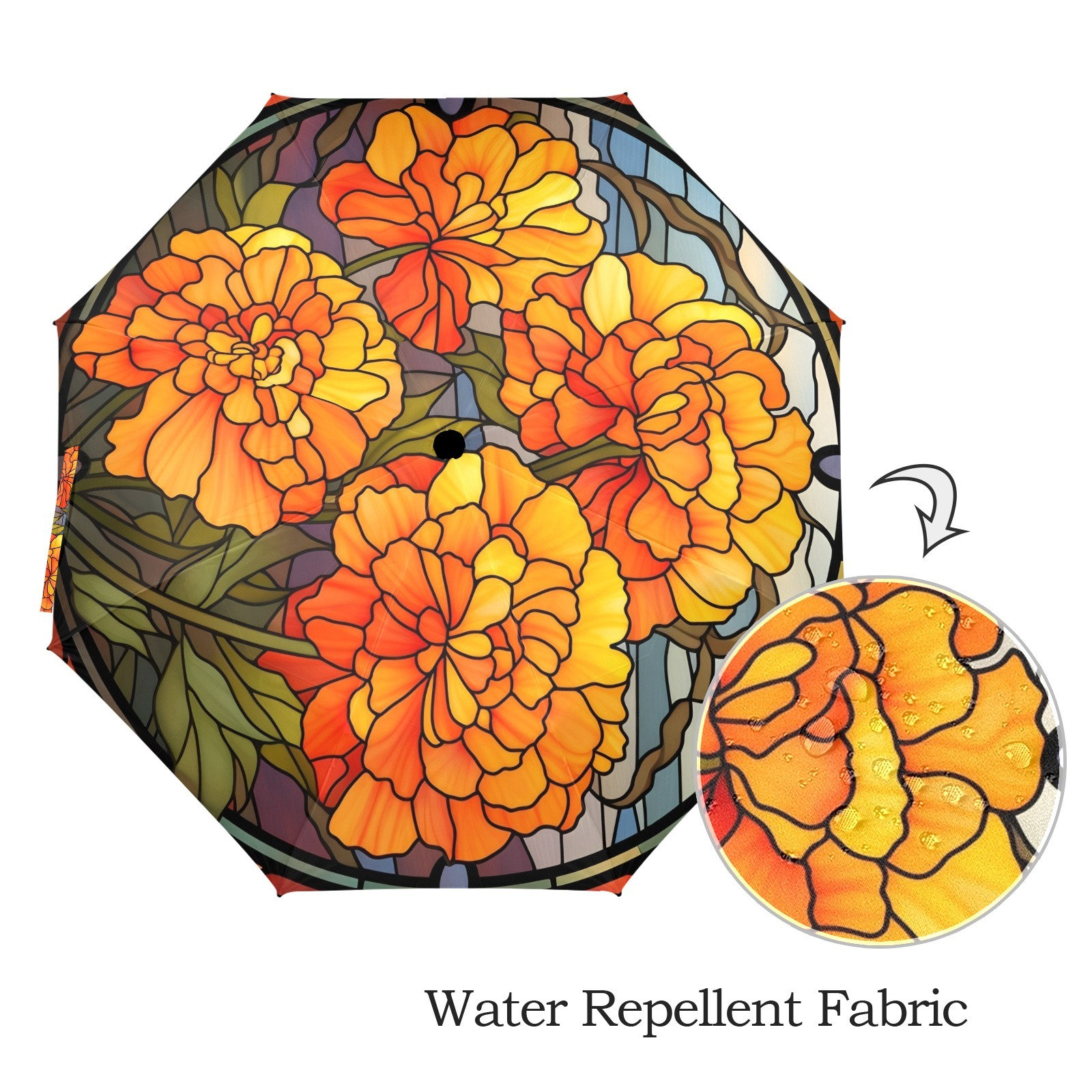 Stained Glass Marigold Folding Umbrella - Auto Open & Both Sides Printed