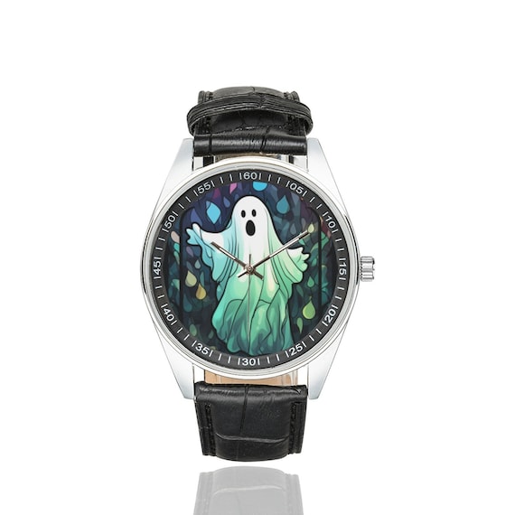 Stained Glass Ghost Watch, Black Leather Band, Spooky Timepiece