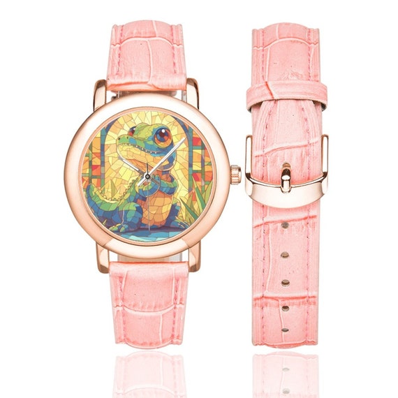 Baby Crocodile Watch with Rose Gold Plated Bezel and Pink Leather Band Pastel Goth Watches for Women and Kids Gift to Crocodile Lovers