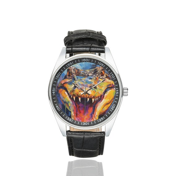 Modernist Alligator Armbanduhr mit schwarzem Lederband, Uhren für