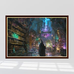 Könnte beinhalten: Ein Zauberer in einer schwarzen Robe steht in einer magischen Bibliothek mit hohen Bücherregalen, die mit Büchern und Tränken gefüllt sind. Der Raum wird von leuchtenden Kugeln und einem großen, wirbelnden Portal in der Decke beleuchtet.