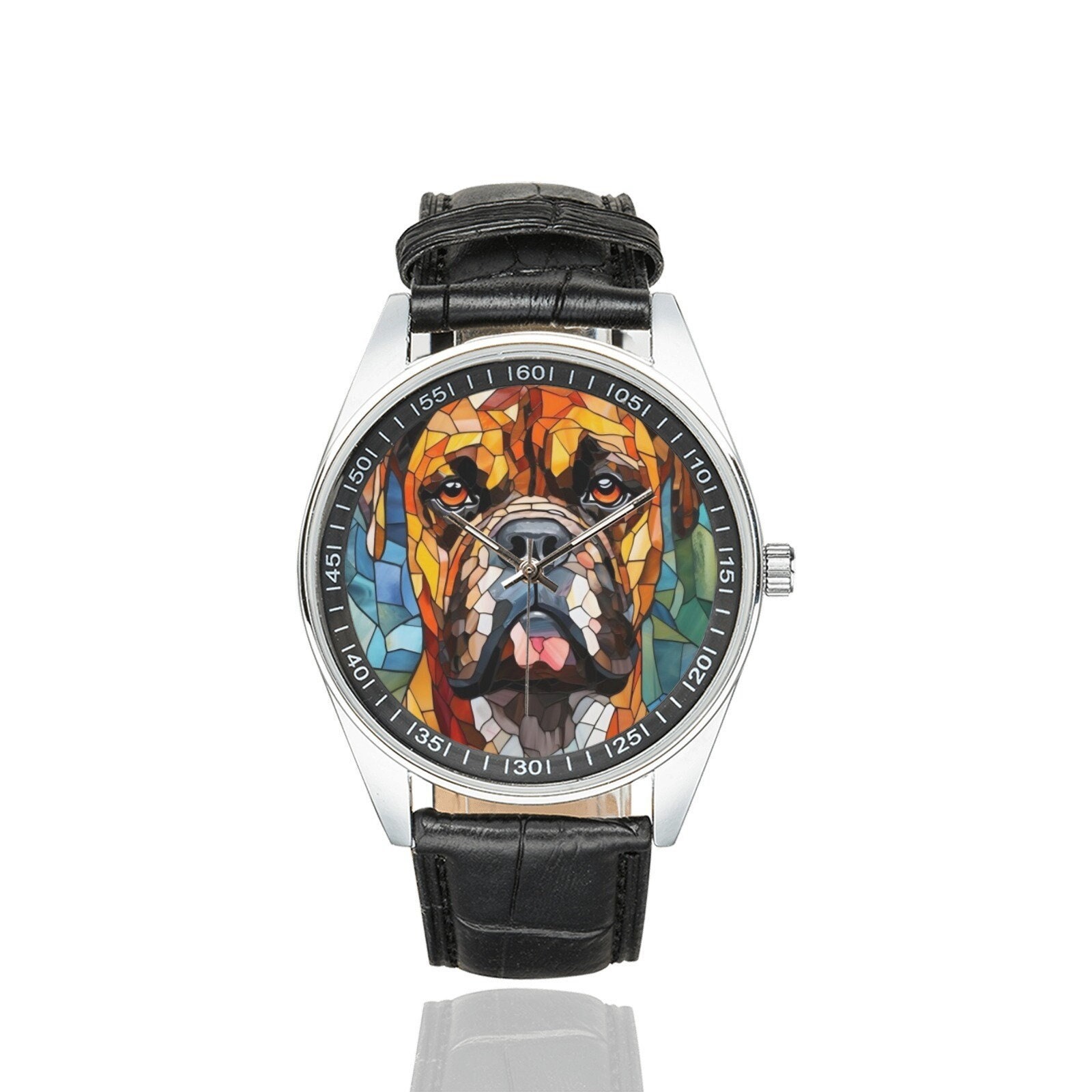 パグ様 Stained Glass Boxer Dog Watch: Black Leather Band, Stainless Steel