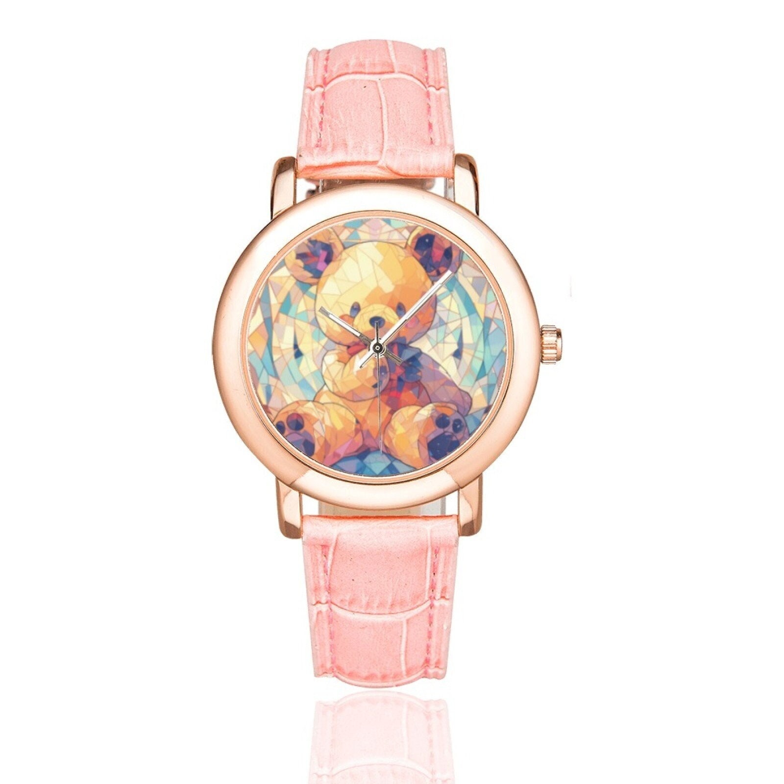 Cute Baby Bear Watch with Rose Gold Plated Bezel and Pink Leather Band Pastel Goth Watches for Women and Kids Kawaii Gift to Bear Lovers