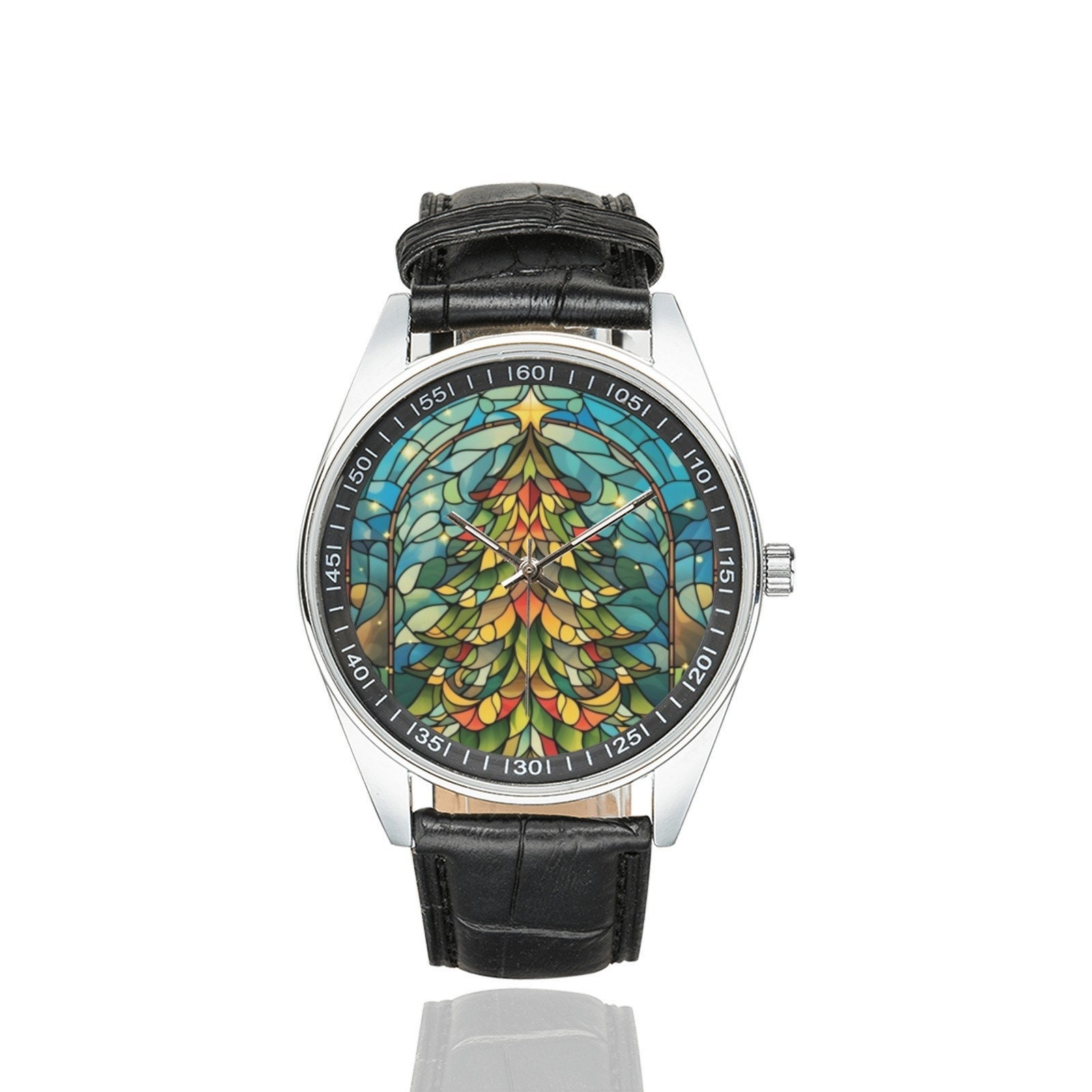 Stained Glass Christmas Tree Watch with Black Leather Band, Watches for Men and Women - Perfect Gift for Christmas Tree Lovers