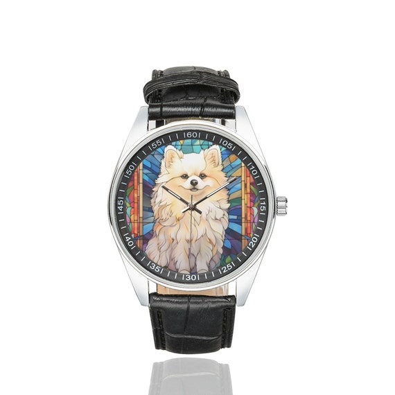 Stained Glass German Spitz Watch: Black Leather Band, Dog 