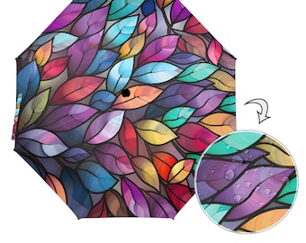 Stained Glass Leaf Folding Umbrella - Auto Open & Both Sides Printed