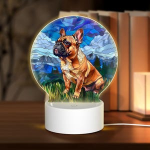 Round Shaped Acrylic Panel Stained Glass French Bulldog Night Light - LED Light Decor Sign for French Bulldog Owners
