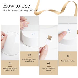 May include: Four steps to assemble a white LED light base. Step 1: Gently tear off the protective film. Step 2: Put the light board on the base. Step 3: Plug in the power supply. Step 4: Turn on the switch.