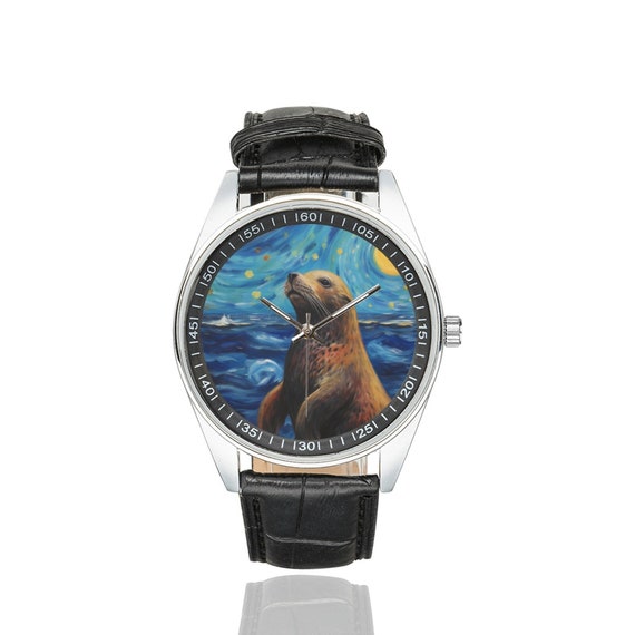 Starry Night Sea Lion Watch With Black Leather Band, Watches for