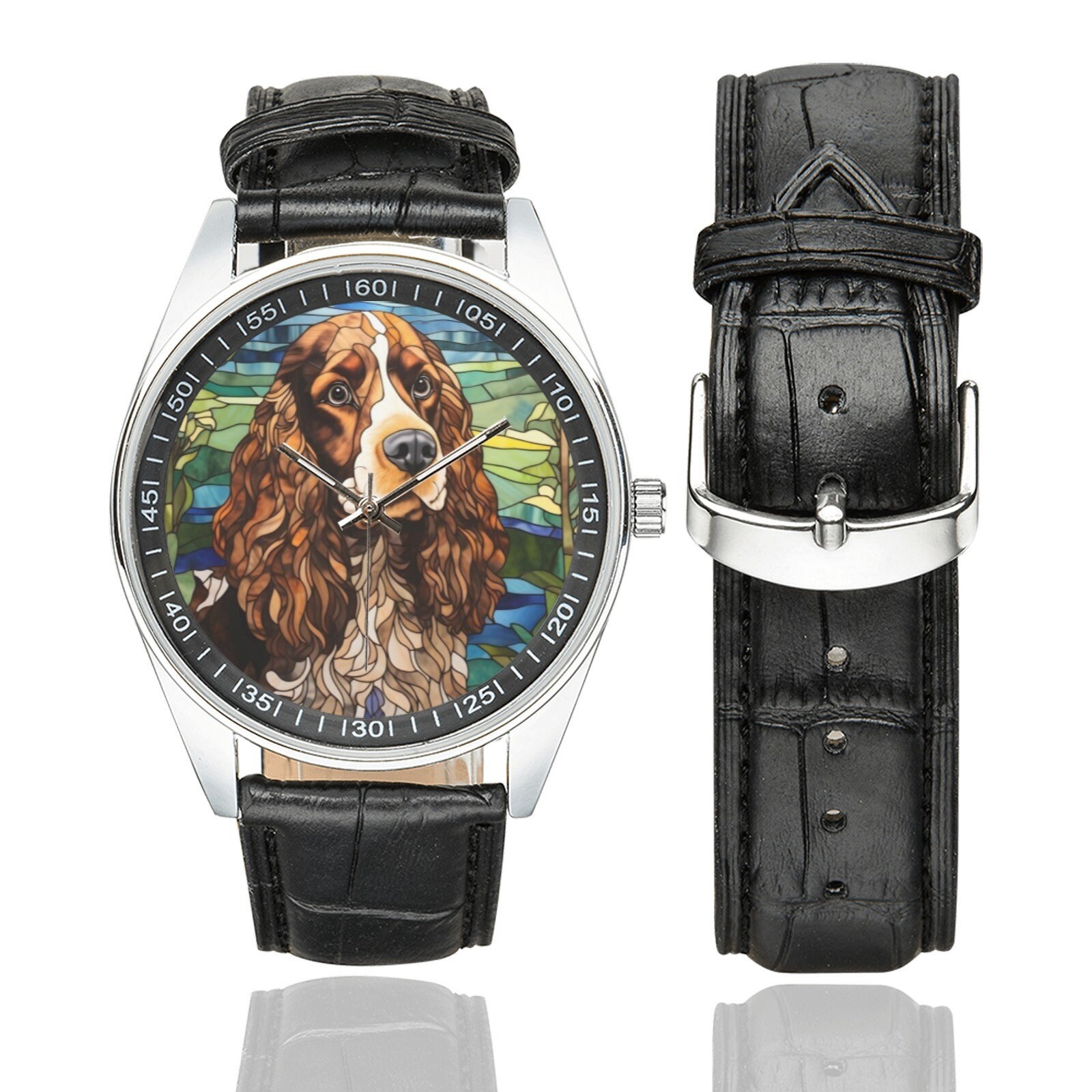Stained Glass English Cocker Spaniel Watch: Black Leather 