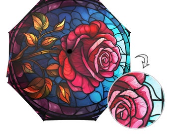 Stained Glass Rose Folding Umbrella - Auto Open & Both Sides Printed