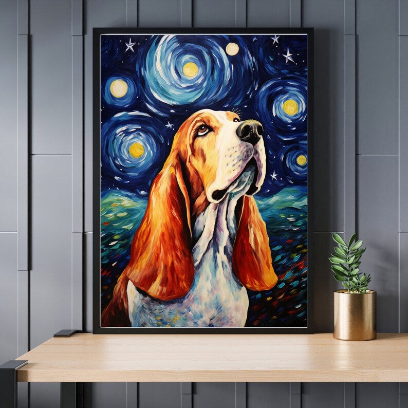 May include: A painting of a basset hound dog with a starry night background. The dog is looking up with its mouth closed. The background is a blue and white swirling pattern with yellow stars.