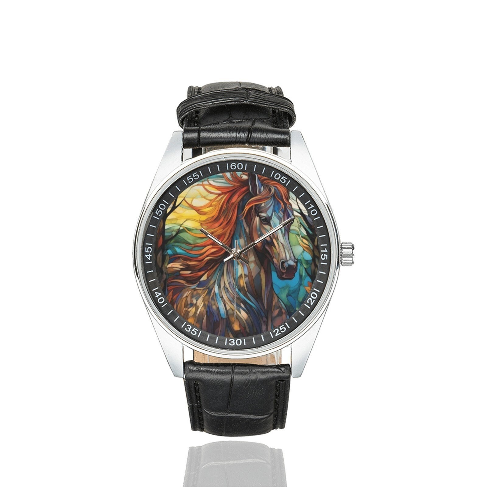 Reloj de caballo con vitrales: correa de cuero negro, caja plateada
