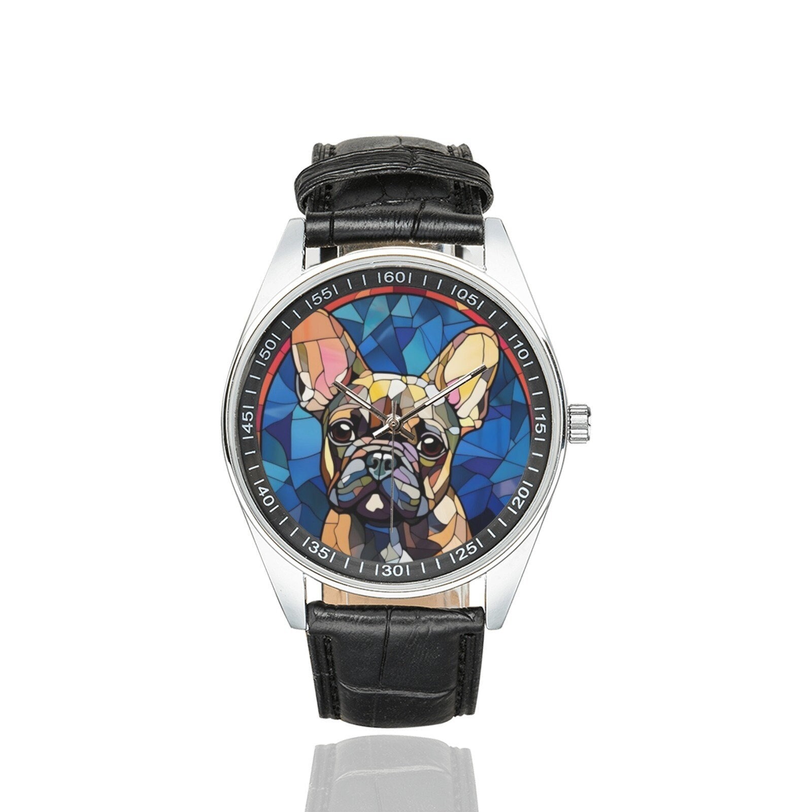 Stained Glass French Bulldog Watch with Black Leather Band Watches for Men and Women Perfect Gift for French Bulldog Lovers
