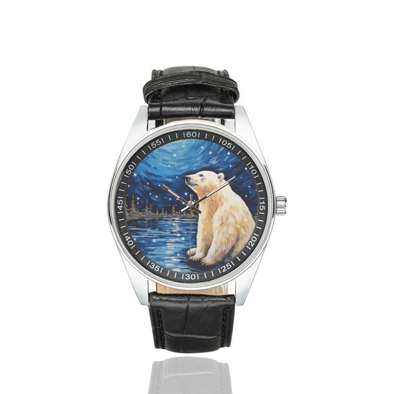 Starry Night Polar Bear Watch: Black Leather Band, Stainless 