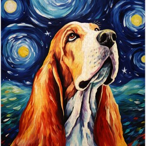 May include: A painting of a basset hound dog with a starry night background. The dog is looking up at the sky, which is filled with swirling clouds and stars. The painting is done in a vibrant style, with bright colours and bold brushstrokes.