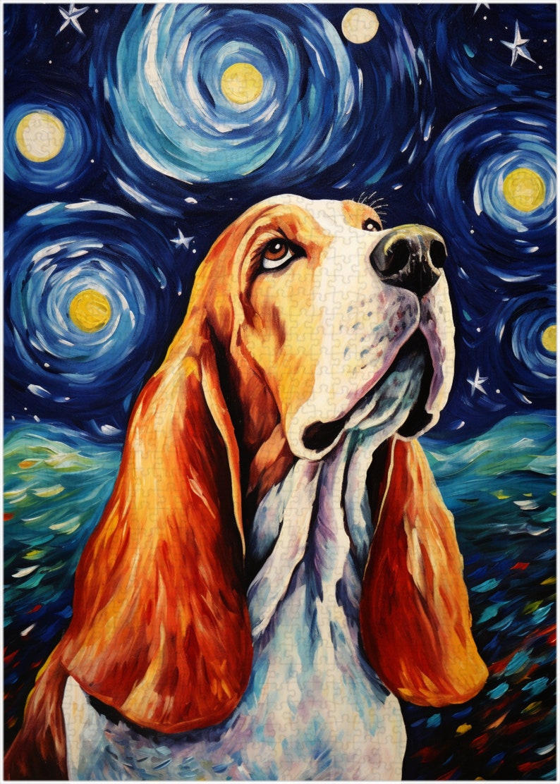 May include: A painting of a basset hound dog with a starry night background. The dog is looking up at the sky, which is filled with swirling clouds and stars. The painting is done in a vibrant style, with bright colours and bold brushstrokes.