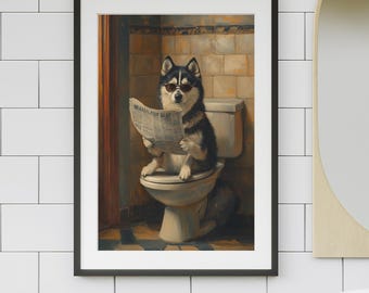 Siberian Husky on Toilet Jigsaw Puzzle: Quirky Dog Bathroom Decor