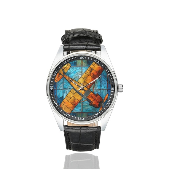 Orologio aereo in vetro colorato: cinturino in pelle nera, regalo