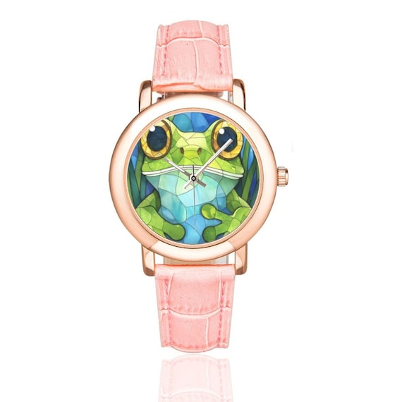 Lindo reloj de rana con bisel chapado en oro rosa y banda de cuero rosa relojes goticos pastel para mujeres y ninos Regalo para los amantes de las ranas Etsy Espana