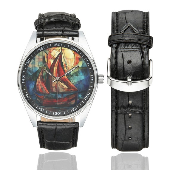 Orologio da barca a vela in vetro colorato con cinturino in pelle nera orologi per uomo e donna Regalo perfetto per gli amanti della barca a vela Etsy Italia