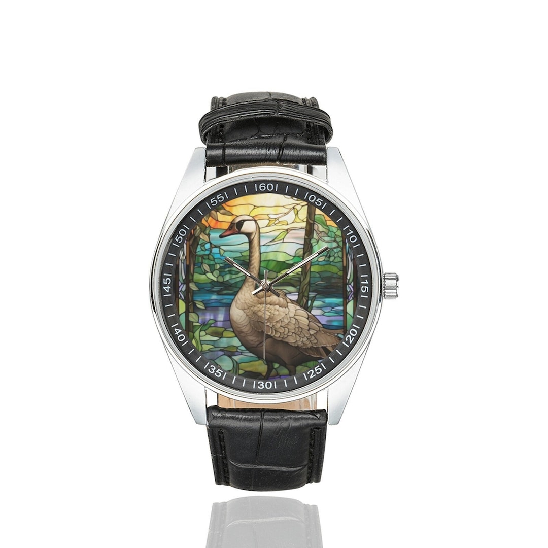 Stained Glass Goose Watch With Black Leather Band, Watches for Men and ...