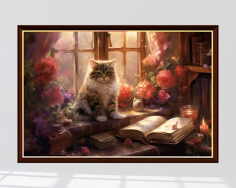 May include: A brown tabby cat sits on a stack of books next to an open book with a small mouse figurine on it. The cat is looking directly at the viewer. The scene is set in a room with a window, flowers, and a lit candle.