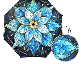 Stained Glass Bluestar Folding Umbrella - Auto Open & Both Sides Printed