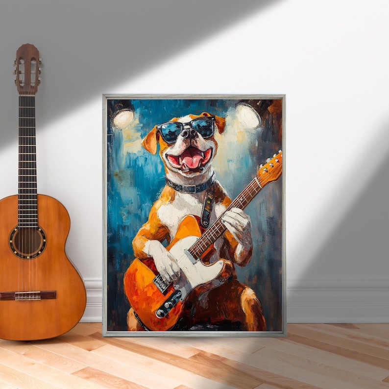 May include: A painting of a dog wearing sunglasses and playing a guitar. The dog is brown and white with a black collar. The guitar is orange and brown with a white pickguard. The background is blue and green with spotlights.