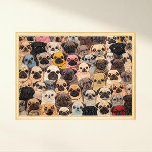 Pode incluir: Uma impressão emoldurada com uma colagem de numerosos retratos de cães pug. Os pugs exibem uma variedade de cores, incluindo preto, castanho, branco e cinza, com alguns usando acessórios coloridos. A obra de arte está em um fundo neutro.