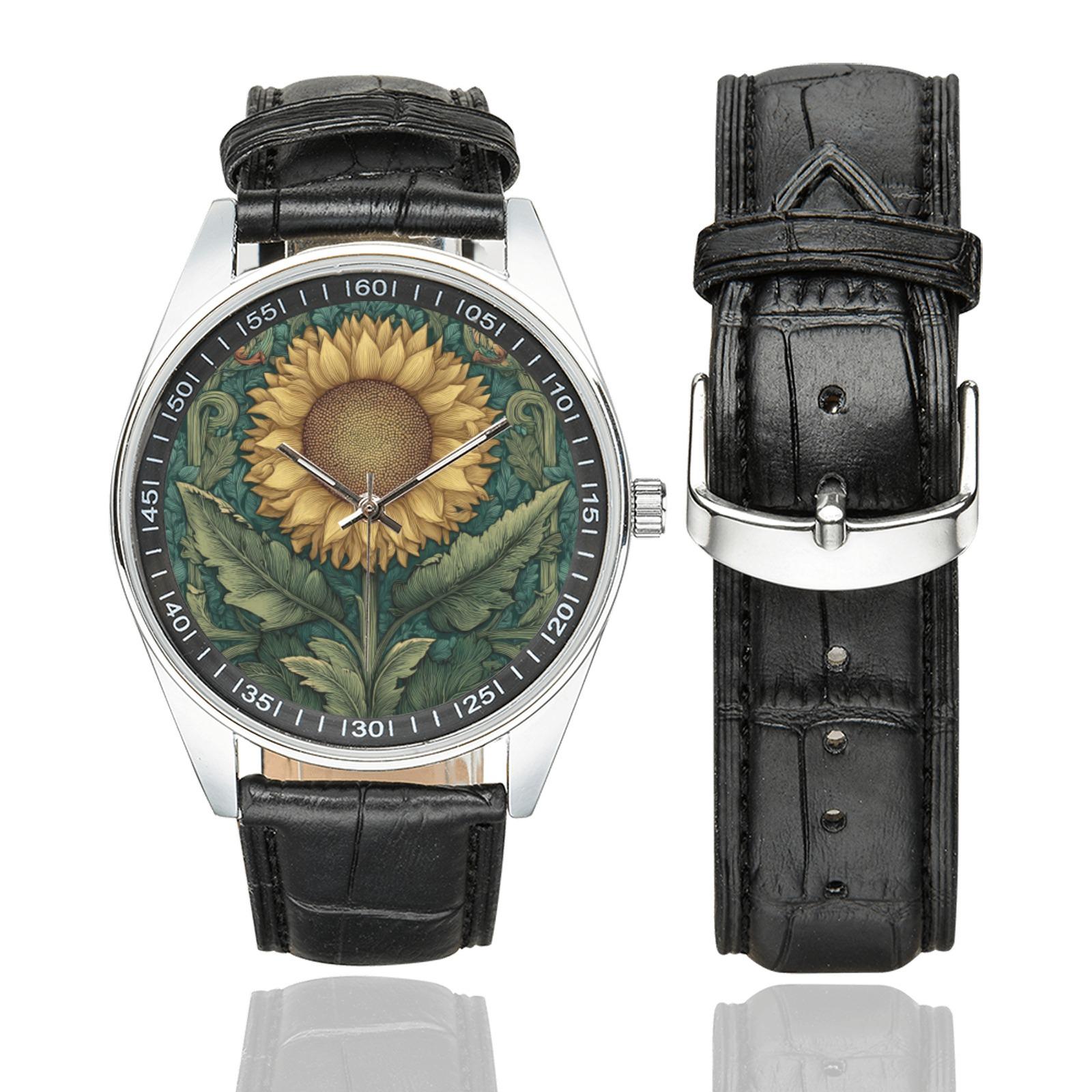 Floral Vintage Sunflower Watch: Black Leather Band, William Morris ...