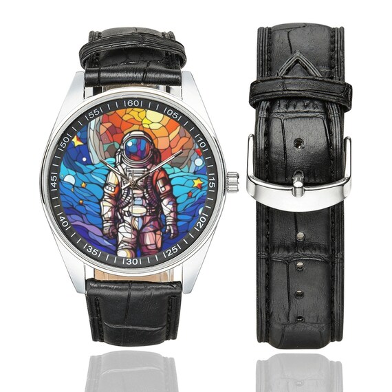 Stained Glass Astronaut Watch with Black Leather Band Watches for Men and Women Perfect Gift for Astronaut Lovers