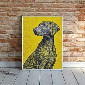 May include: A framed art print featuring a stylized dog illustration. The dog is depicted in shades of gray and black, with a maze-like pattern covering its body. The background is a bright yellow, and the frame is white.