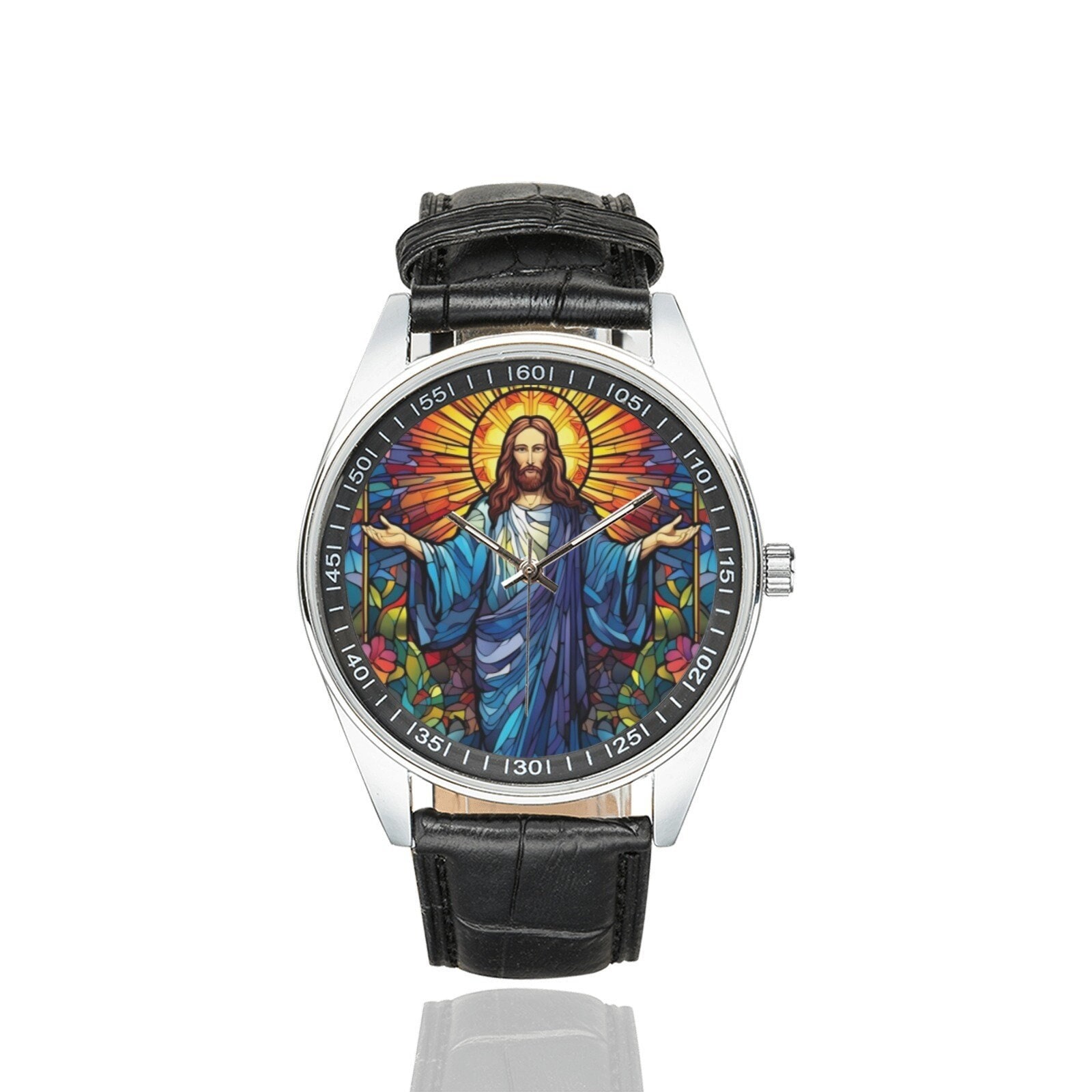 Stained Glass Jesus Watch: Black Leather Band, Christian Gift