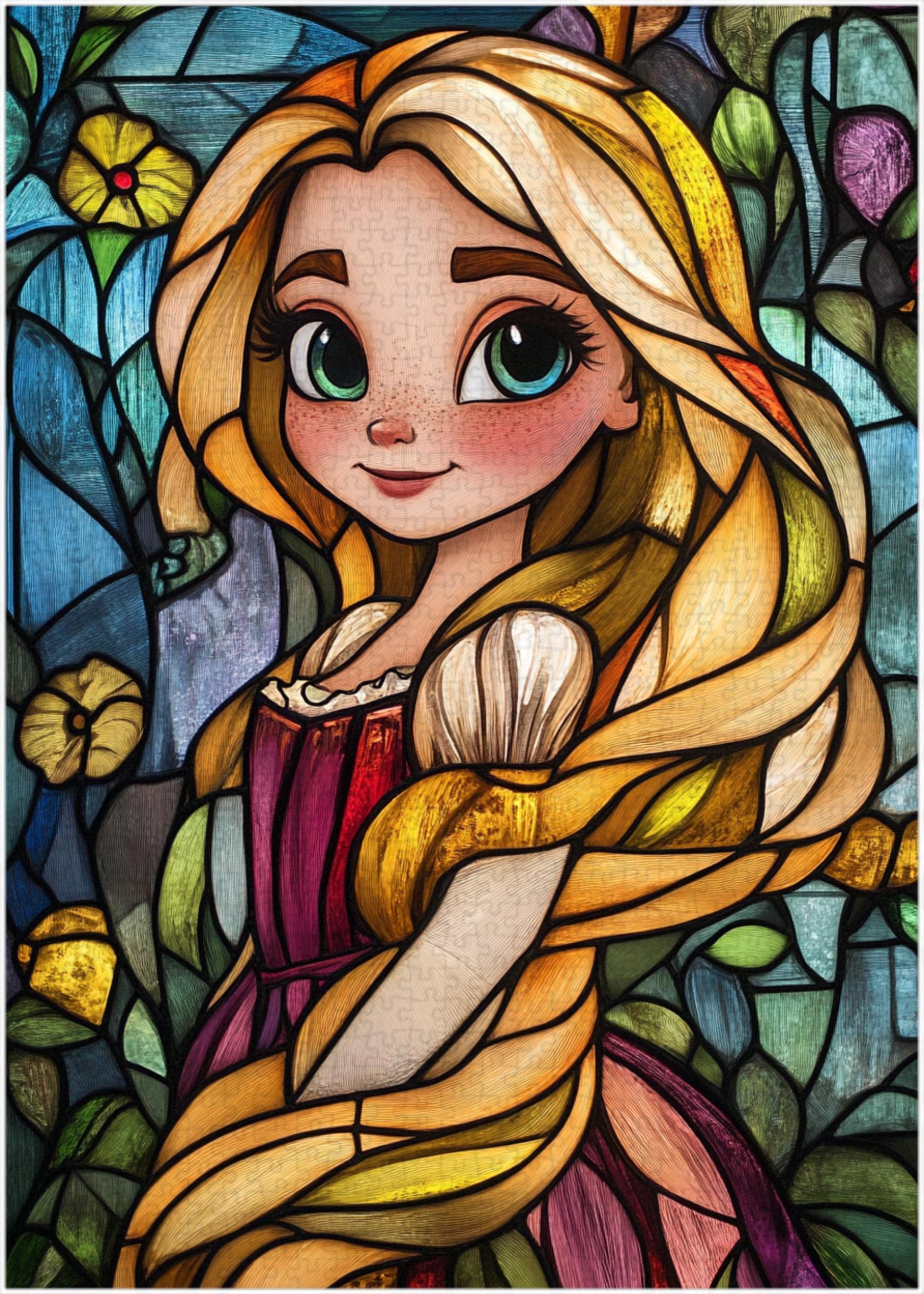ステンドグラスのラプンツェルのジグソーパズル、木製アートパズル