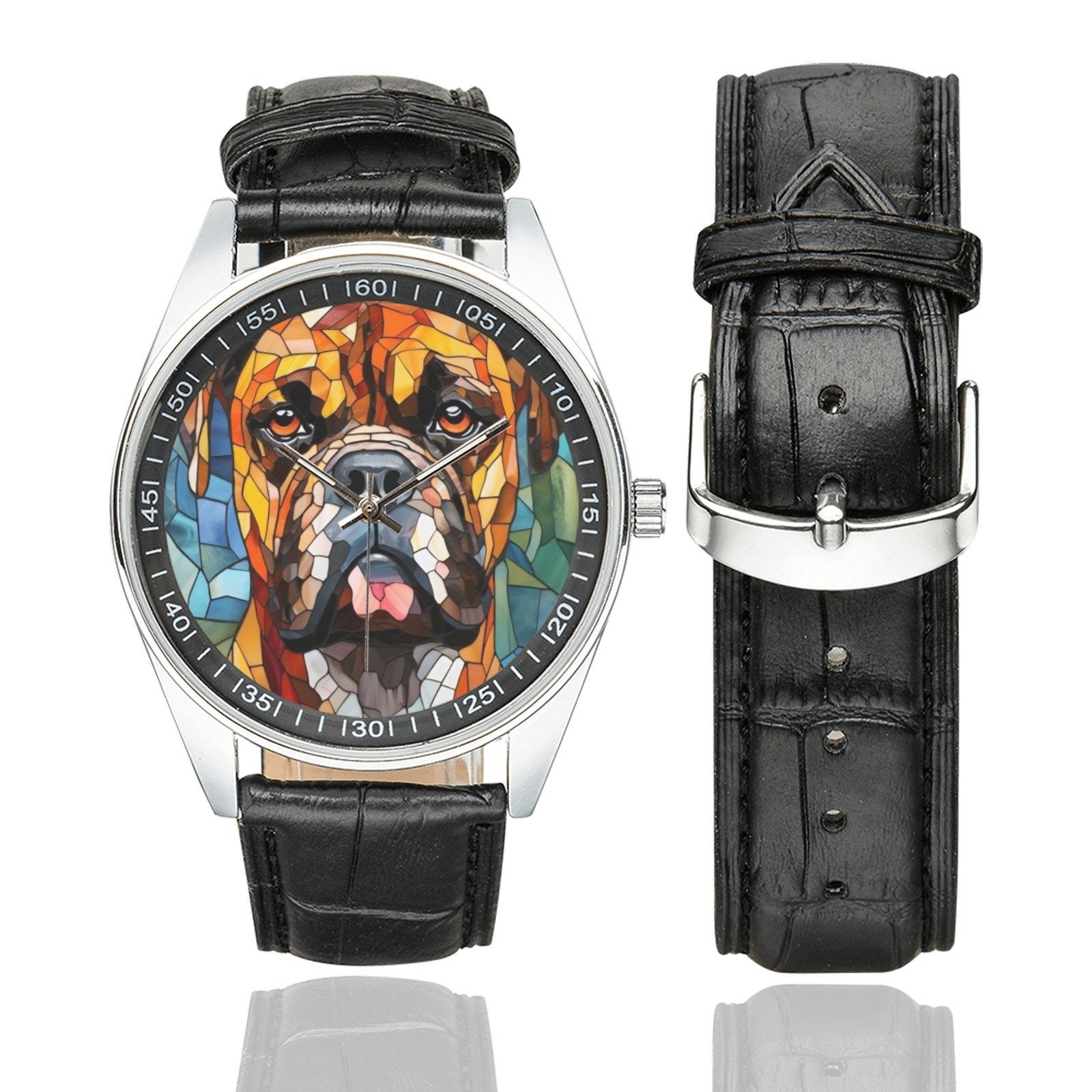 ステンドグラス ボクサードッグウォッチ：ブラックレザーバンド