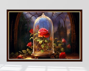May include: A single red rose is encased in a glass dome, sitting on a gold base. The rose is surrounded by green leaves and stems. The background features a dark, gothic-style castle with a window.