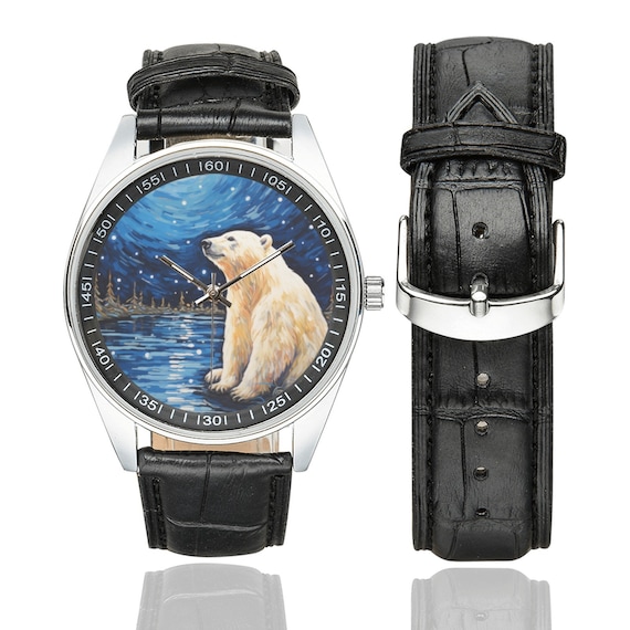 Silver Watch with Bear and Star band Starry Night Polar Bear Watch: Black Leather Band, Stainless  main image 2