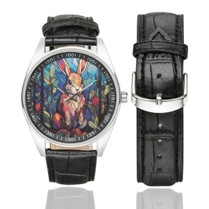 Reloj de conejo de vidrieras con correa de cuero negro, relojes para hombres y mujeres, regalo perfecto para los amantes de los conejos imagen 2