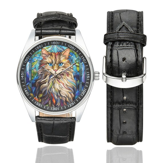 Montre chat sibérien en vitrail bracelet en cuir noir, modèle