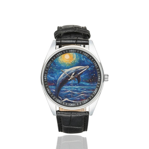Starry Night Dolphin Watch with Black Leather Band Watches for Men and Women Perfect Gift for Dolphin Lovers