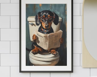 Dachshund on Toilet Jigsaw Puzzle 300/500/1000 Piece - Quirky Dog Reading Newpaper with Glasses - Best Dog Bathroom Decor Puzzles