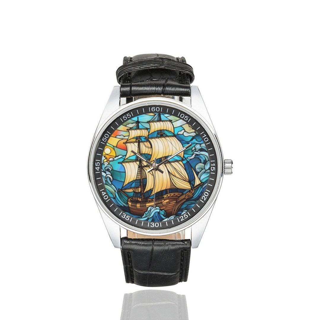 Stained Glass Old Sail Ship Watch: Black Leather Band